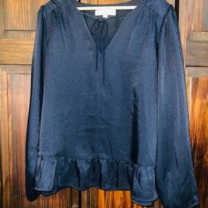 LOFT Blue‎ Ruffled Tie Front Long Sleeve Blouse